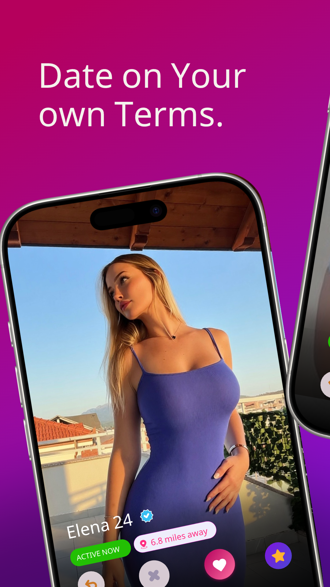 Flirio swipe profile preview with Date on Your own Terms headline